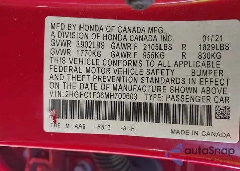2021 Honda Civic Ex from USA, damaged, VIN 2HGFC1F36MH700603